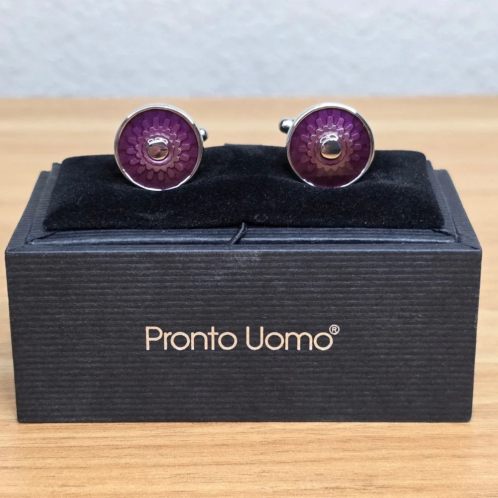 Pronto Uomo‎ Cufflinks Mens OS Purple Good Silver Tone Round Enamel Sunburst Box